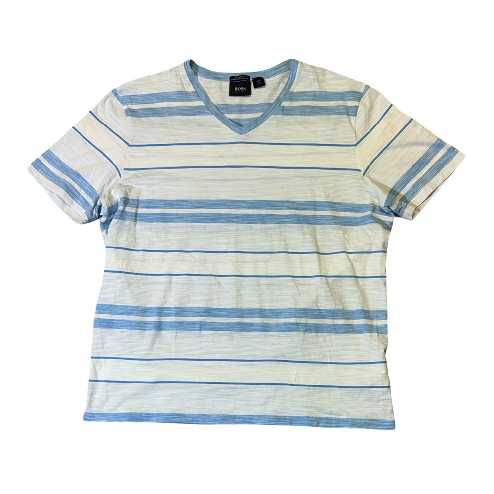 Hugo Boss mens 2XL XXL white blue stripe regular fit long staple v-neck T-shirt